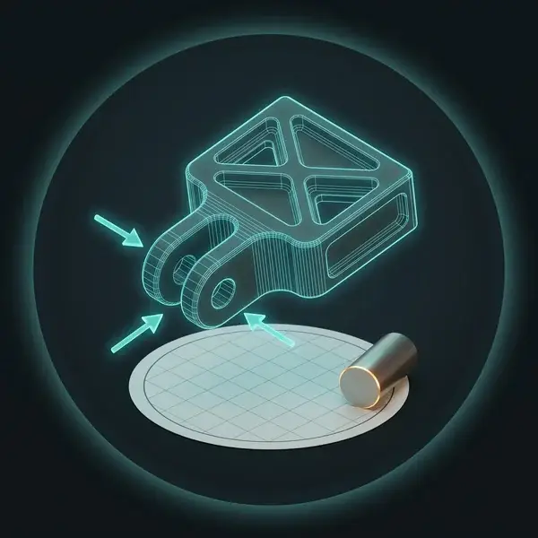 Teal wireframe of an aerospace fitting with load arrows over a blank data sheet: the input aerospace engineering services use