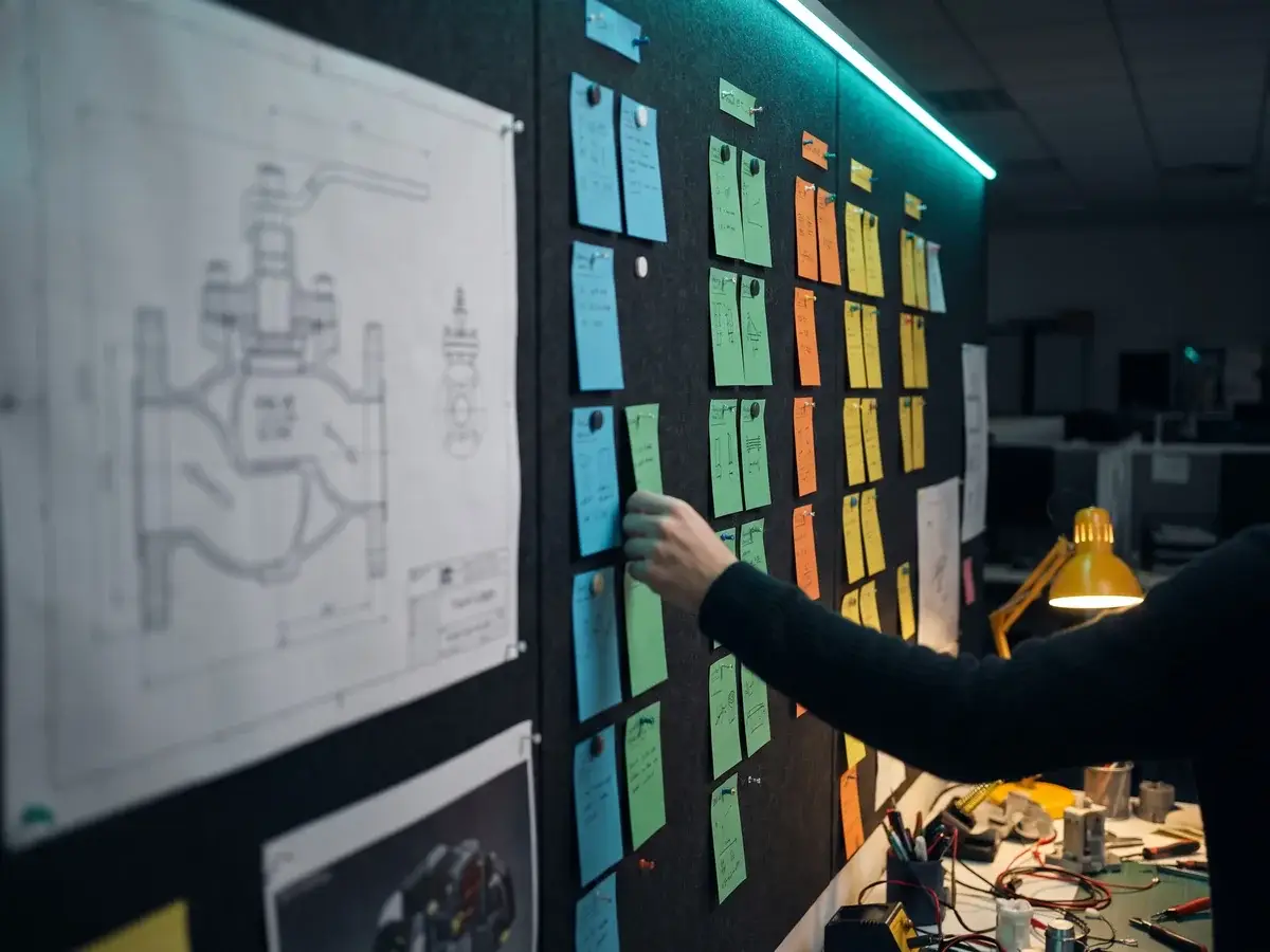 Agile project management on a hardware program: a team plans a design sprint inside a stage, beside a pinned CAD drawing