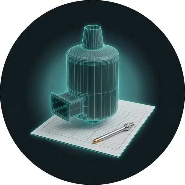 Wireframe of a wet scrubber over a blank emissions sheet and a gas probe: the input to air pollution control equipment design
