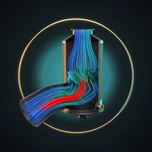 CFD streamlines through a meshed scrubber and duct, fast flow at the elbow, from our air pollution control equipment design