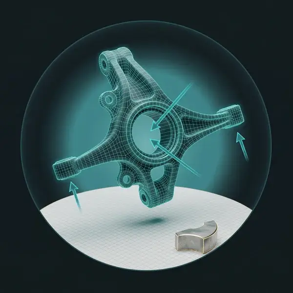 Wireframe of a steering knuckle with load arrows over a blank sheet: the CAD and targets for automotive engineering services