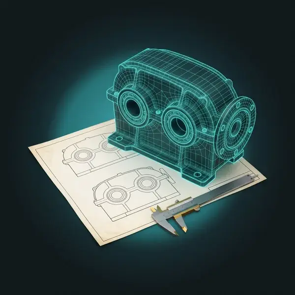 Teal wireframe gearbox housing rising from an old 2D drawing beside a caliper: the legacy data CAD design services start from