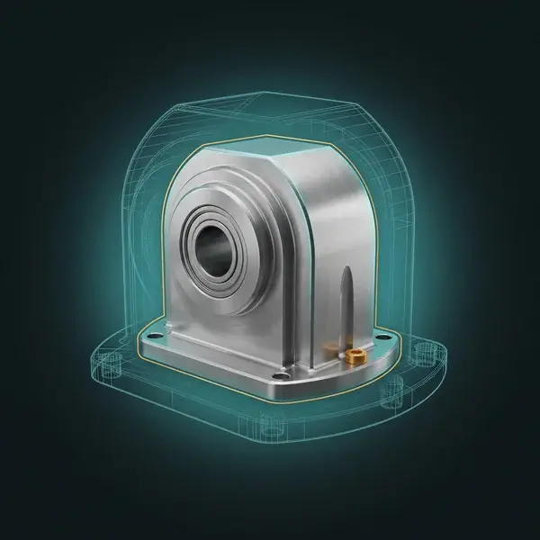 A machined gearbox housing before its own teal wireframe model: the production-ready design CAD design services hand over