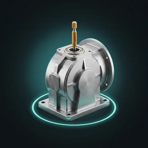 A gearbox housing with a gold plug gauge in its bearing bore, as CAD design services support first articles and later changes