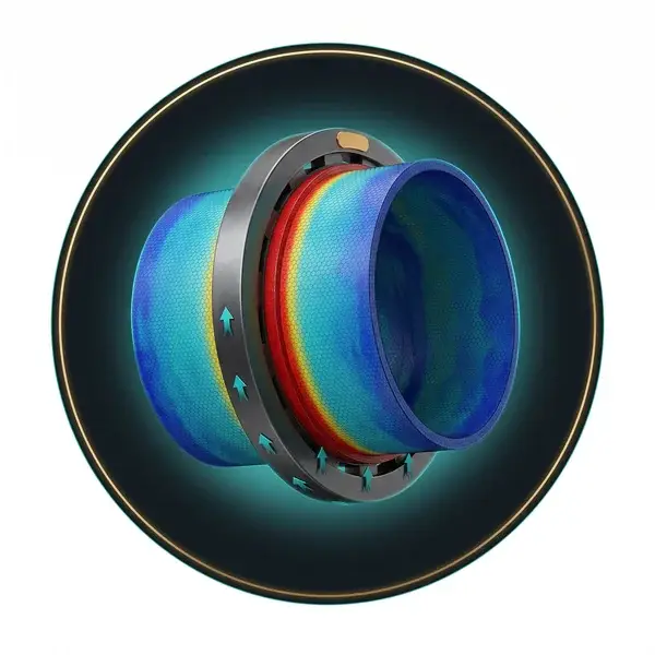 Thermal FEA of a kiln shell section, red under the riding ring on a visible mesh, from our cement equipment engineering work