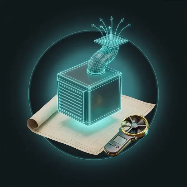 Teal wireframe of an air handler and diffuser on a blank layout with an anemometer: the data our CFD analysis for HVAC uses