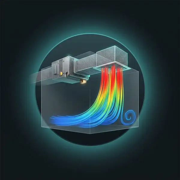 CFD model of air leaving a ceiling diffuser in jet colours, with a dead zone in one corner, from our CFD analysis for HVAC
