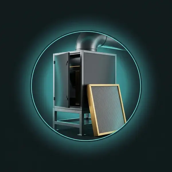 Air handling unit on a stand with a gold-framed filter, inside a teal ring: CFD analysis for HVAC support after handover