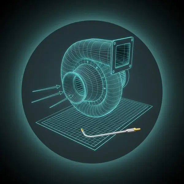 Teal wireframe of a centrifugal blower over a blank data sheet and a pitot probe: the data CFD consulting services start from
