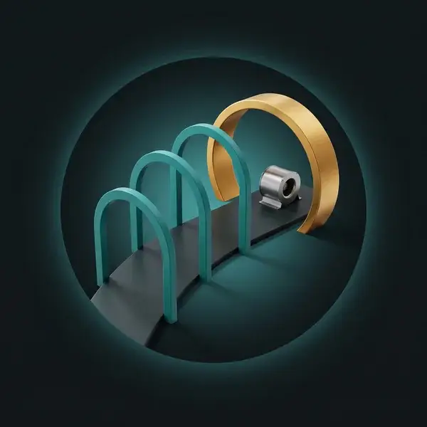 Four teal gate arches leading to a gold arch and a small blower: the approval gates in a CFD consulting services roadmap