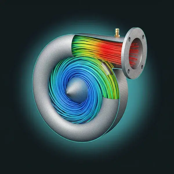 CFD model of a centrifugal blower with streamlines turning red at the scroll tongue, part of CFD consulting services checks