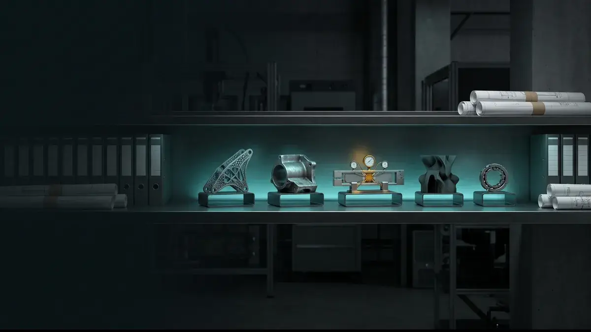 Engineering parts on a lit lab shelf beside binders and rolled drawings, a reference library of PPS engineering insights