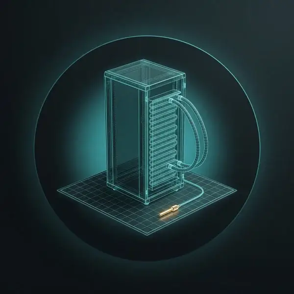 Wireframe of a server rack and rear-door cooler over a blank floor grid: the layout our data center design services review