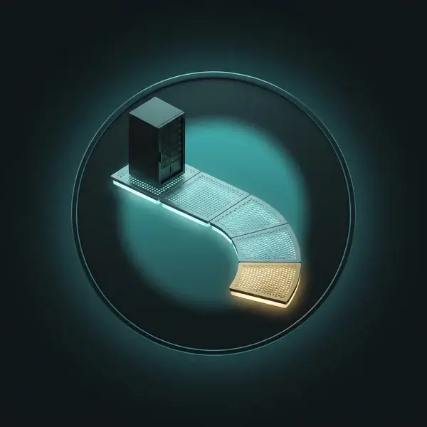 Floor tiles, four teal and one gold, leading from a server rack: the layouts and gates of a data center design services plan