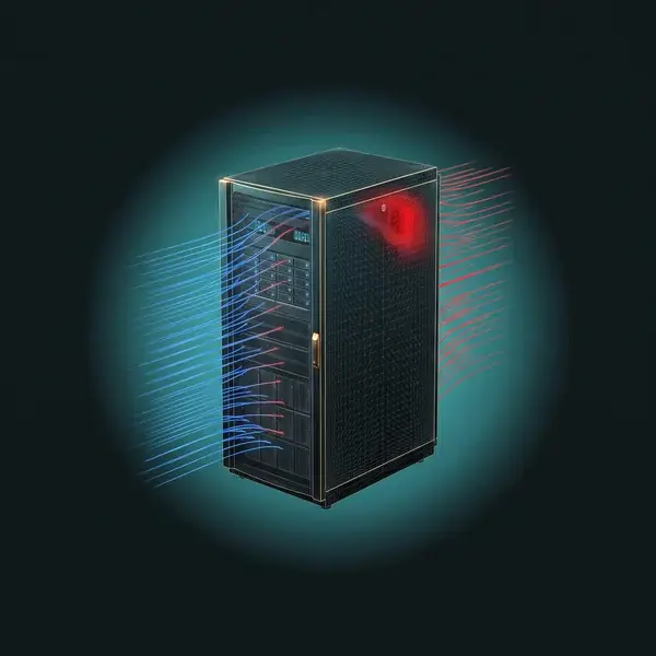 CFD streamlines through a meshed server rack with a red hot spot near its top, from our data center design services work