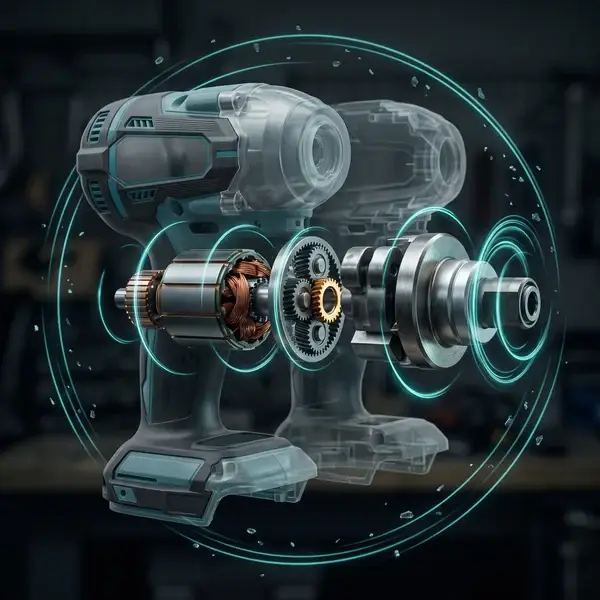 Exploded cordless driver with only the moving rotor, gears and anvil shown solid