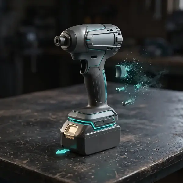 Battery sliding out of a cordless driver while extra screws dissolve away