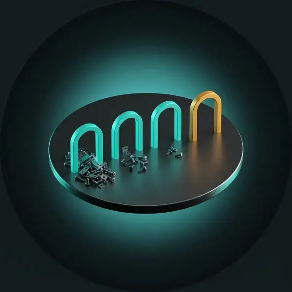 Teal gates on a disc with a parts pile shrinking at each one: the ranked savings in a design for manufacturing services plan