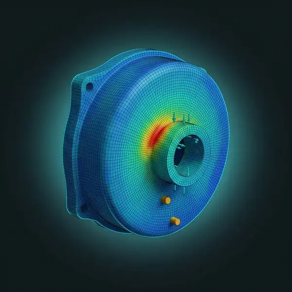 FEA model of a one-piece cast actuator housing, red at a mounting boss: DFMA engineering checks the new part carries load