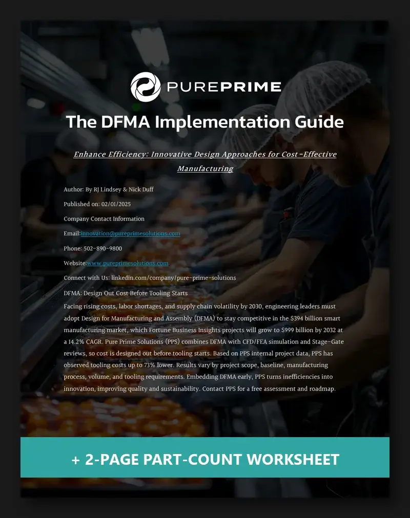 Cover of the free DFMA part-count worksheet and 22-page DFMA guide from PPS engineers, a PDF on part count and assembly cost