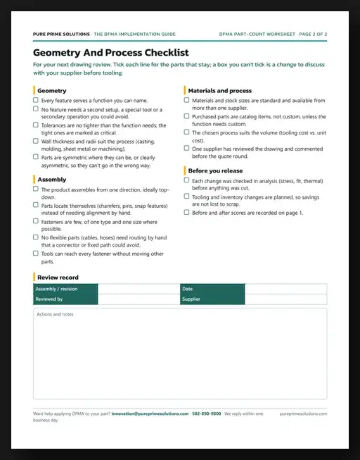 Page 2 of the free DFMA worksheet: a geometry, assembly, materials and process checklist for your next drawing review meeting