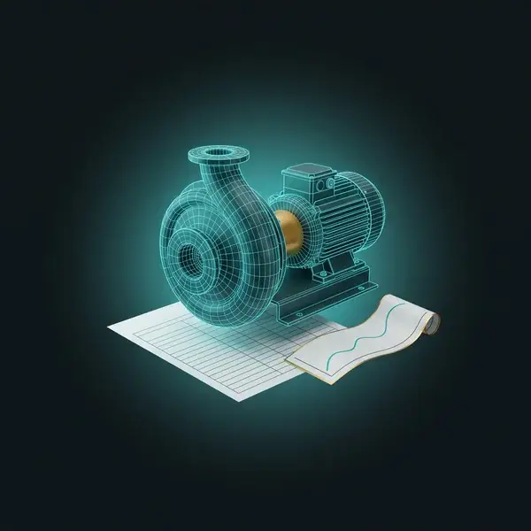Teal wireframe of a pump over a data sheet and a strip of trend paper: the operating data digital twin services start from