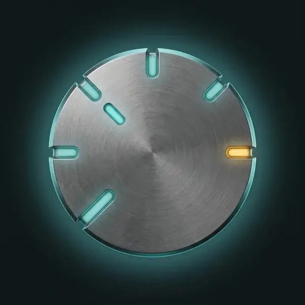 Selector dial with four teal-lit detents and a gold stop: the questions, scope, and gates of a digital twin services plan