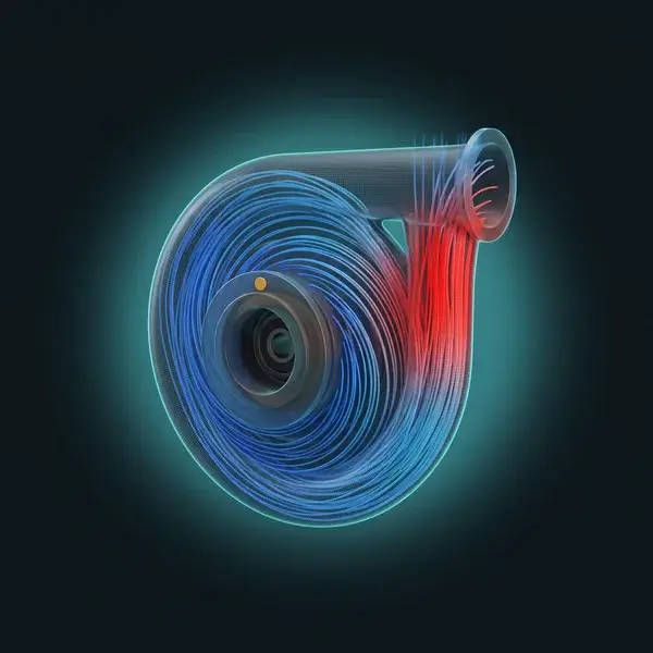 Digital twin services physics model of a pump: flow streamlines through its volute and red stress at the discharge nozzle