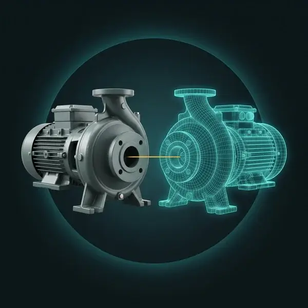 Real pump beside its matching teal mesh twin, linked by a gold line: the calibrated model that digital twin services deliver