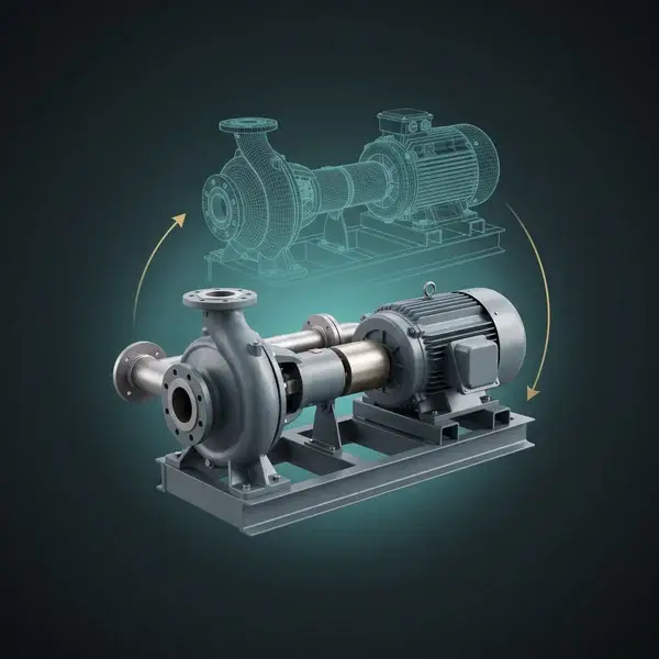 Pump on its skid with its teal twin above and a gold arc between them: digital twin services that update as equipment changes