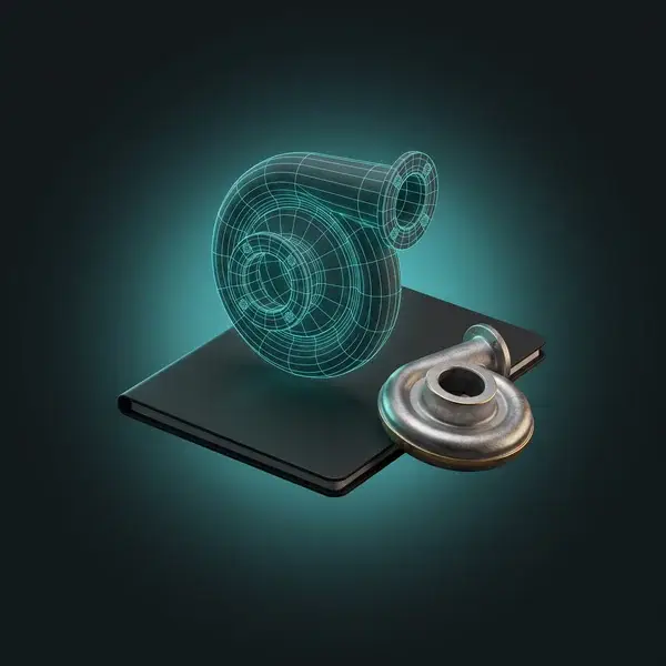 Teal wireframe pump housing over a closed project folder with a prototype beside it: the data engineering consulting uses