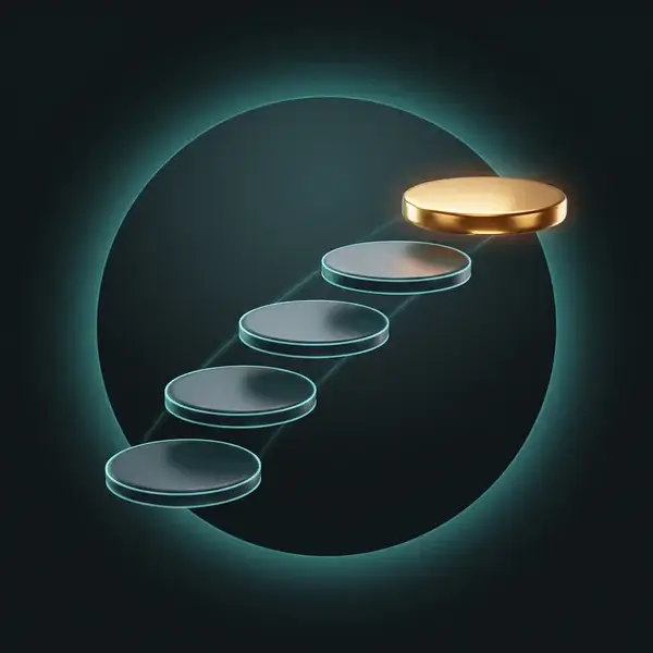 Five floating platforms rising in an arc to a gold one, the roadmap from today to a goal that engineering consulting builds