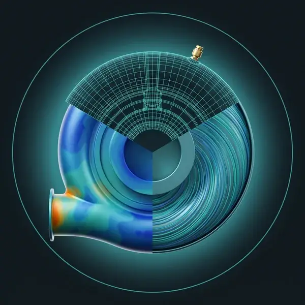 One pump housing shown three ways, CAD wireframe, flow lines, and stress colors: simulation and CAD in one engineering team