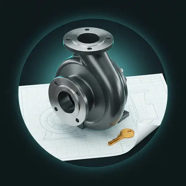 Finished machined pump housing on a blank drawing sheet with a gold key: the design and IP engineering consulting delivers