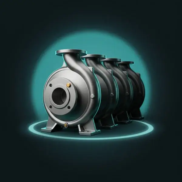 Row of identical finished pump housings with the front one lit in teal: engineering consulting support through production