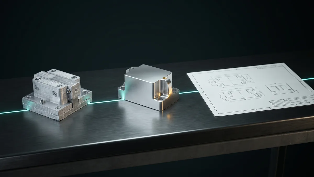 One machined part shown three ways in the engineering design process: concept, simplified DFMA part, and dimensioned drawing