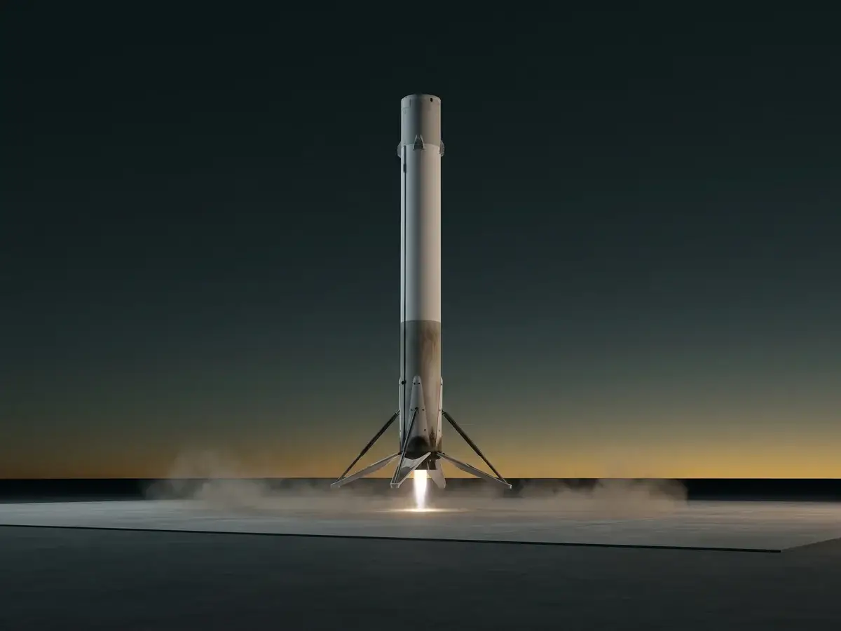A plain reusable rocket booster landing on a pad at dusk, the engineer-it-once idea behind how our engineering firm works