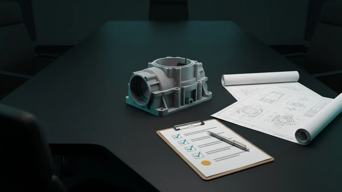 Design review table with a gate checklist, drawings and a 3D printed prototype, showing engineering leadership at a decision