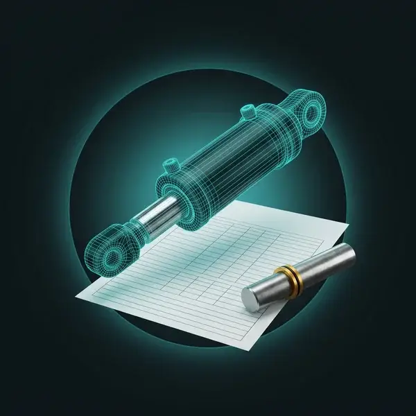 Teal wireframe hydraulic cylinder over a blank spec sheet and a rod sample: the data engineering consulting services review