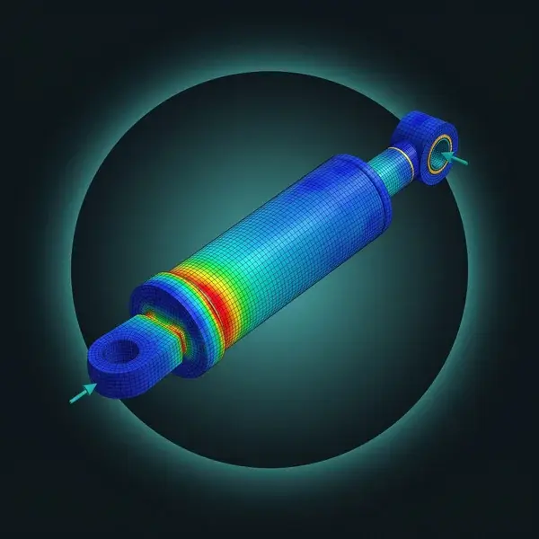 FEA stress model of a hydraulic cylinder, red at its base weld, as engineering consulting services check the design at a gate