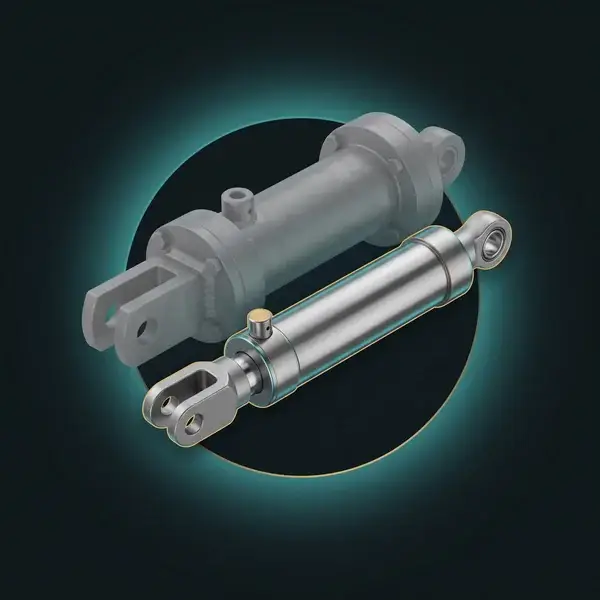 A slim hydraulic cylinder before a ghosted bulky version: the lower-cost design that engineering consulting services deliver