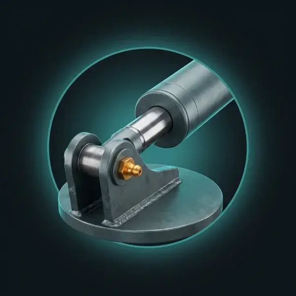 A hydraulic cylinder pinned to a steel bracket with a gold grease fitting: engineering consulting services support in service