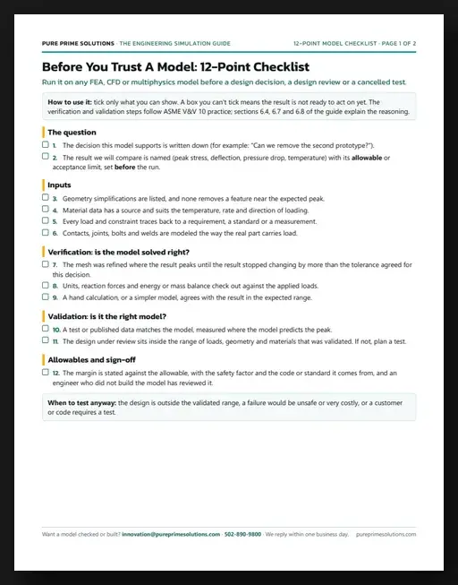 Page 1 of the free engineering simulation checklist: twelve checks on inputs, verification and validation before you act now