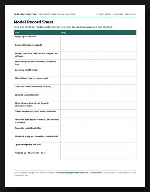 Page 2 of the free engineering simulation checklist: a model record sheet for inputs, mesh, checks, margins and the sign-off