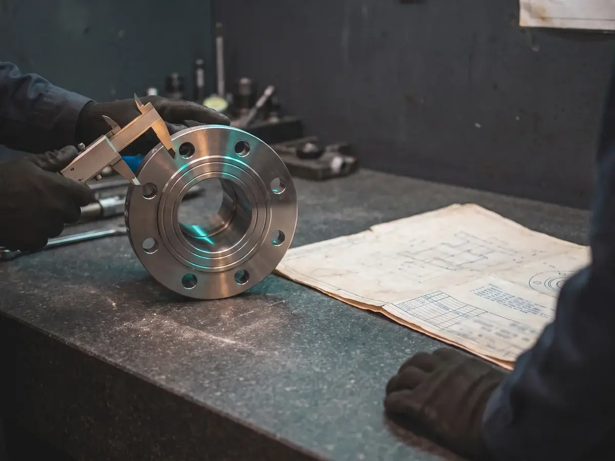 Caliper checks a datum on a machined part against its drawing, a design package review built on shared engineering standards
