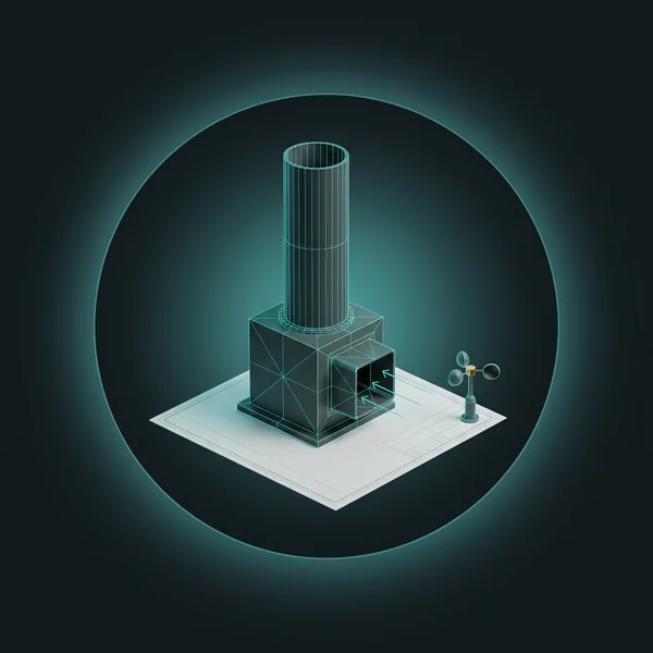 Teal wireframe of an exhaust stack on a blank site sheet with a wind sensor: the data environmental consulting services use