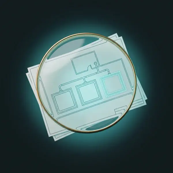 Magnifying lens over a teal floor plan of a sterilization plant with three chambers, the first review of your EtO facility