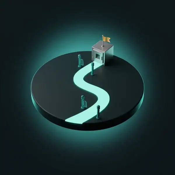 Teal road winding past milestone gates to a gold flag on a small chamber, the roadmap and approval gates of an EtO project