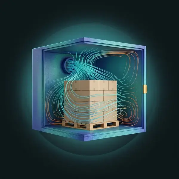 Cutaway of a square EtO sterilization chamber with teal and orange gas flow lines around a pallet load, checked in CFD early