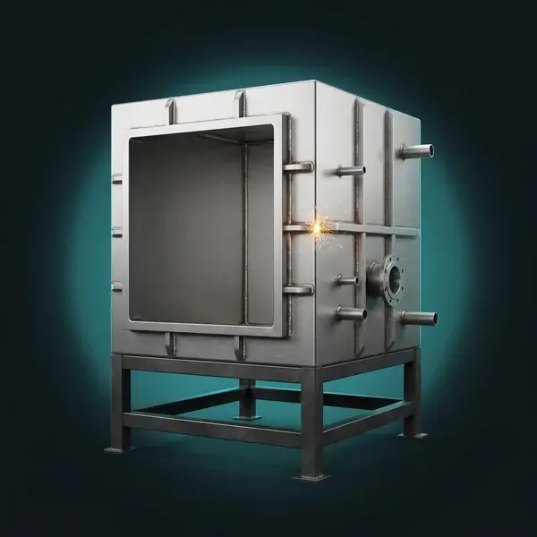 Stainless chamber shell on a shop stand, built by our shops or ethylene oxide sterilization equipment manufacturers you pick